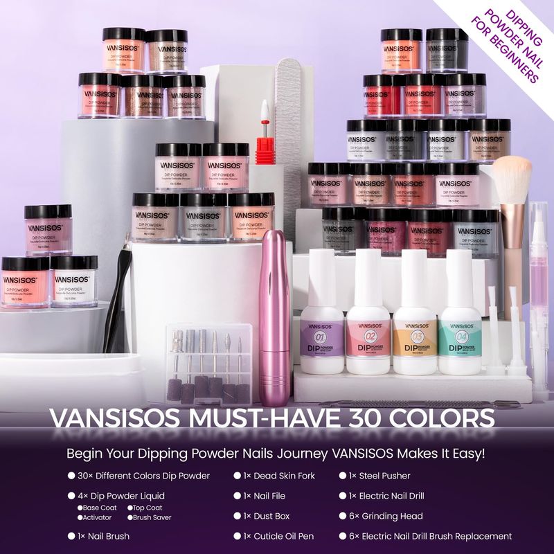 VANSISOS Dip Powder Nail Kit: 30 Colors Nude Pink Glitter Nails Dip Powder &amp; Liquids Set Base Top Coat Activator Portable Manicure Starter Kit with Nail Drill