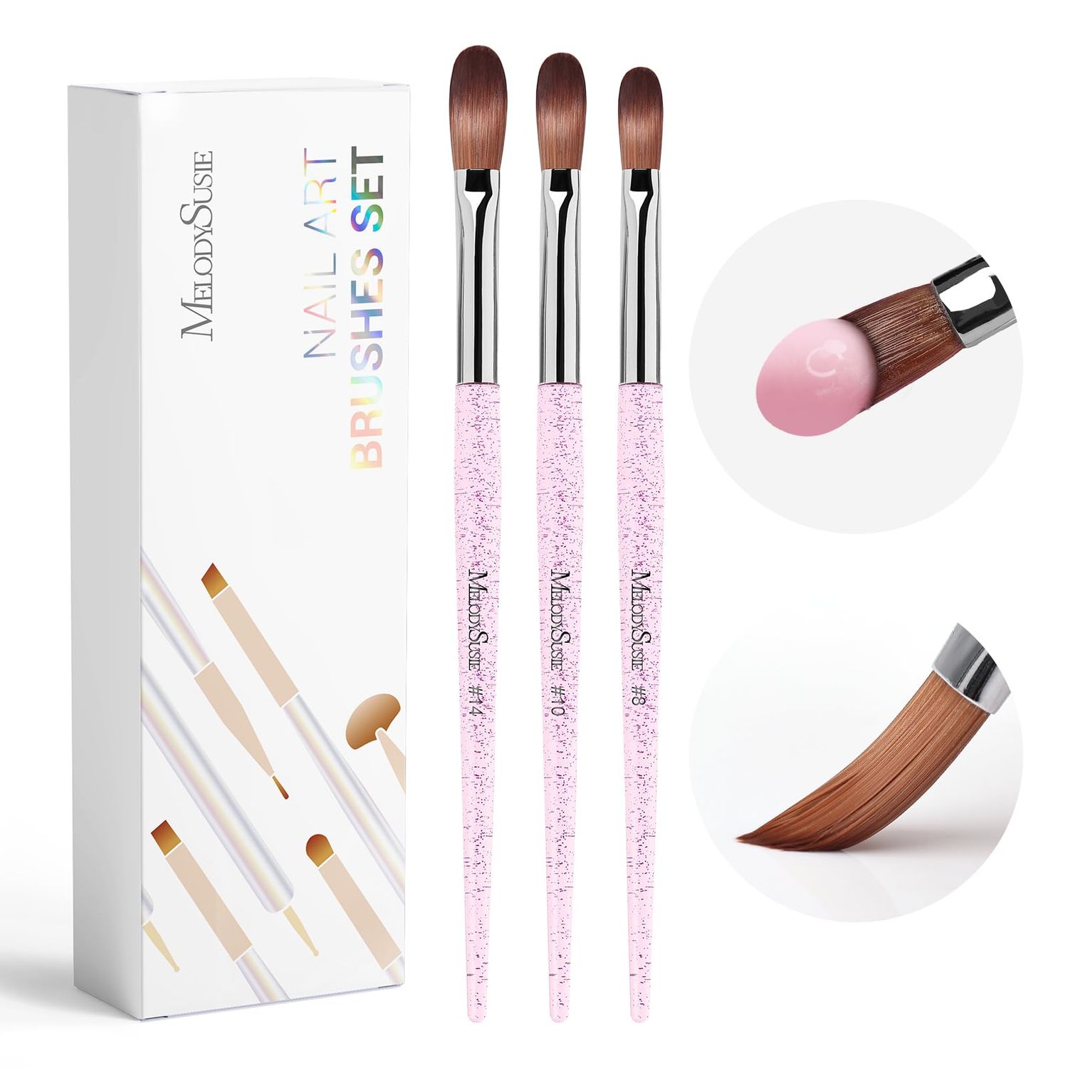 MelodySusie 3-Piece Acrylic Nail Brush Set - Sizes 8/10/14, Professional Brushes for Acrylic Application, Powder Nail Art, Extension &amp; 3D Carving - DIY Home Salon Manicure Tool