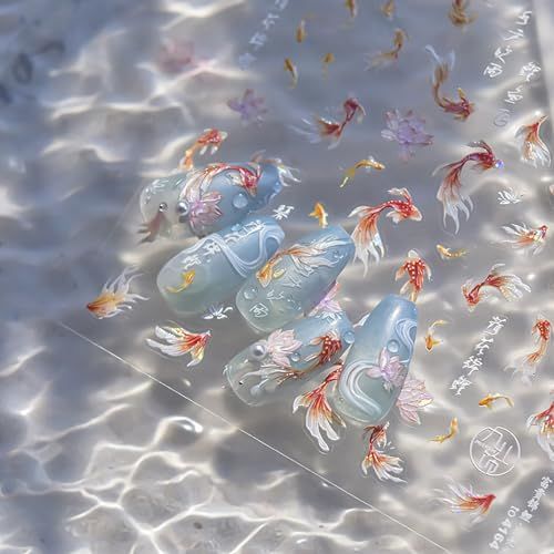 Goldfish Nail Art Stickers Decals Goldfish 5D Self-Adhesive Spring Nail Art Stickers Decals Goldfish Sparkly Koi Fish Nail Stickers Koi Lotus Leaf Chinese Style Design Slider Nail Art Supplies Charms