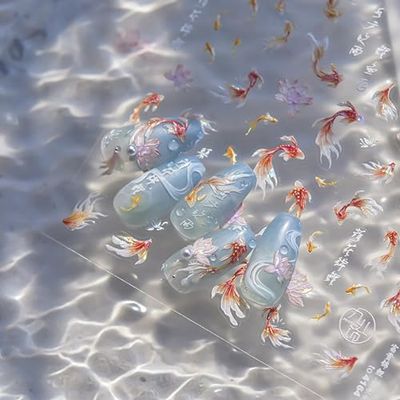 Goldfish Nail Art Stickers Decals Goldfish 5D Self-Adhesive Spring Nail Art Stickers Decals Goldfish Sparkly Koi Fish Nail Stickers Koi Lotus Leaf Chinese Style Design Slider Nail Art Supplies Charms