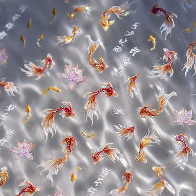 Goldfish Nail Art Stickers Decals Goldfish 5D Self-Adhesive Spring Nail Art Stickers Decals Goldfish Sparkly Koi Fish Nail Stickers Koi Lotus Leaf Chinese Style Design Slider Nail Art Supplies Charms