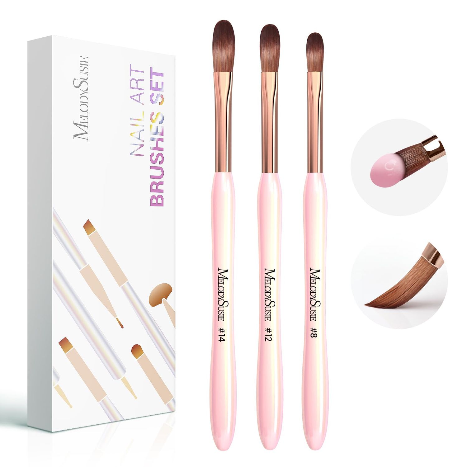 MelodySusie 3Pcs Acrylic Nail Brush Set, Size 8/12/14 for Extension and 3D Carving,DIY Home Salon Manicure Tool, Pink