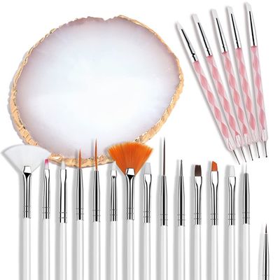 AUOCATTAIL Nail Art Design Tools - 15pcs Painting Brushes Set with 5pcs 2-way Dotting Pens &amp; Gold-rimmed Resin Palette, White
