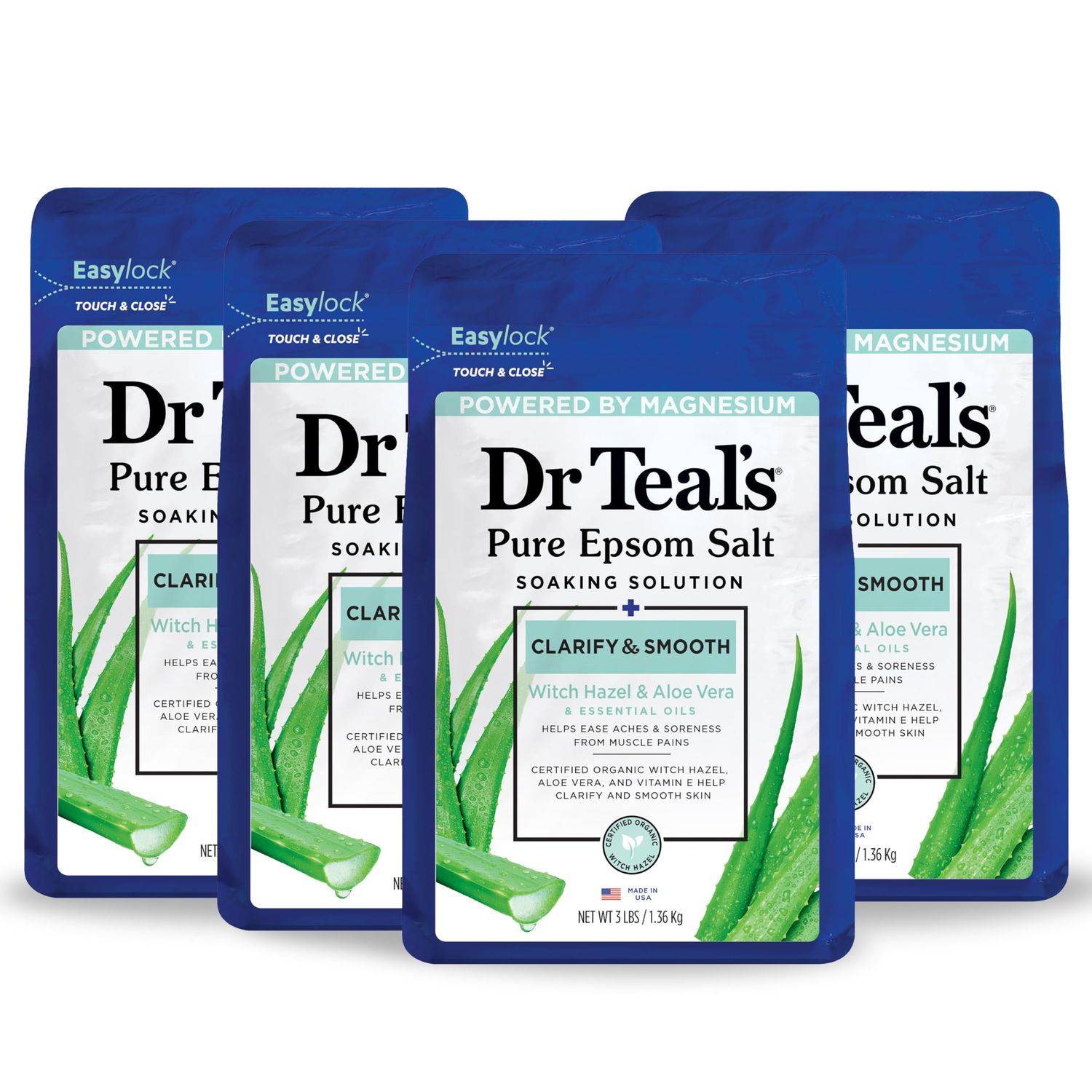 Dr Teals Pure Epsom Magnesium Salt Soak, Clarify &amp; Smooth with Witch Hazel &amp; Aloe Vera, 3 lbs (Pack of 4)