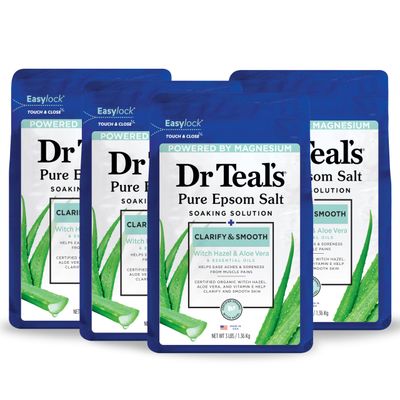 Dr Teals Pure Epsom Magnesium Salt Soak, Clarify &amp; Smooth with Witch Hazel &amp; Aloe Vera, 3 lbs (Pack of 4)