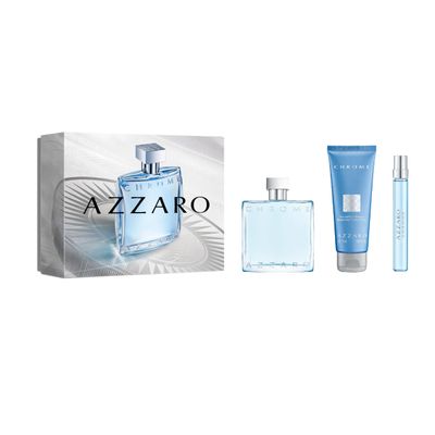 Azzaro Chrome Eau de Toilette - Fresh Aquatic Mens Cologne Gift Set - 3-Piece Holiday Set Includes Full Travel Fragrance (100ml 10ml) and Hair Body Shampoo (75ml) - Gifts for Men