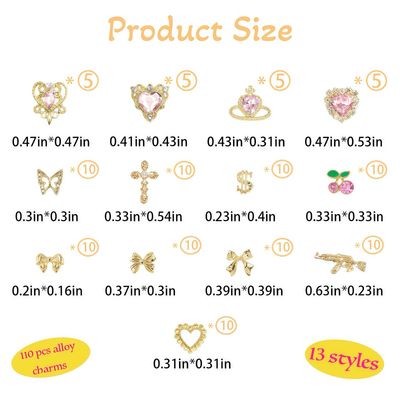 Pizadix 110 Pcs Gold Pink Nail Charms Y2K with Heart, Cherries, Bows, Butterflies, Guns, Crosses, Dollars