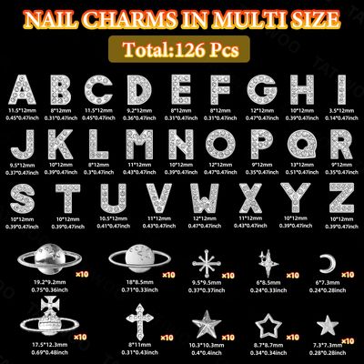126 Pcs Silver Nail Charms, A-Z Full Rhinestone Letters Nails Charms, Planet Star Crosses Moon Alloy Nail Y2K Charm, 3D Goth Initial Rhinestones for Nails DIY Jewel Accessories