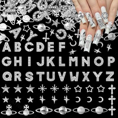126 Pcs Silver Nail Charms, A-Z Full Rhinestone Letters Nails Charms, Planet Star Crosses Moon Alloy Nail Y2K Charm, 3D Goth Initial Rhinestones for Nails DIY Jewel Accessories