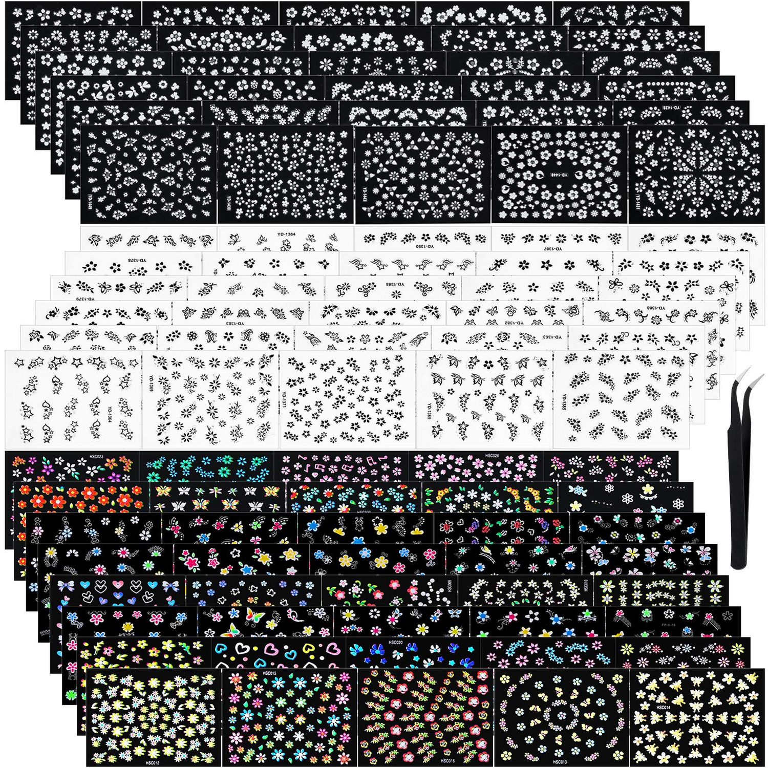 5000-Piece Multicolored 3D Self-Adhesive Nail Floral Stickers - 100 Sheets with Tweezer (Classic-Chic Floral Series)