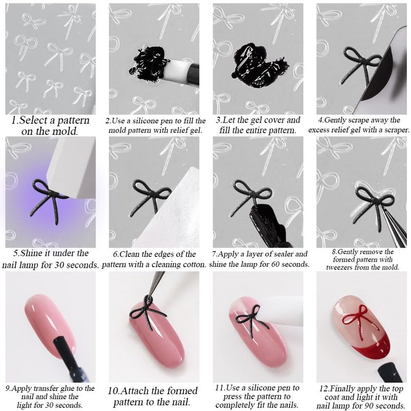 3D Bow Nail Charms Silicone Mold Embossed Bowknot Nail Art Mold With Scraper Relief Nail Bows Nail Mold Nail Carving Templates 3D Gel Nail Art Sculpture Nail Molds Silicone Nail Tools Nail Art Molds