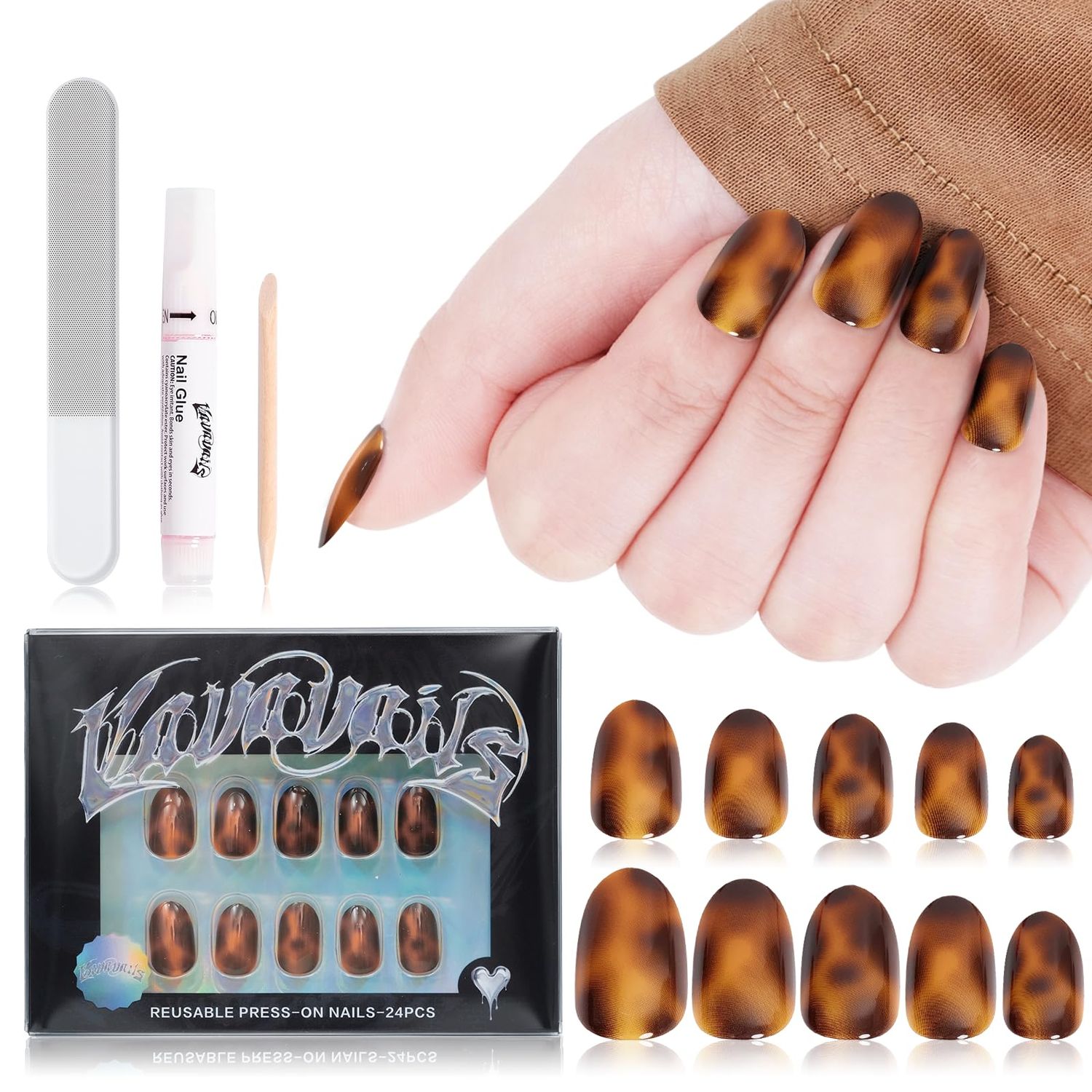 VAVAVAILS Leopard Press on Nails Short - Reusable Fake Nails with Brown Cheetah Nail Art | Easy Application, Long Lasting &amp; Salon-Quality Design, 12 Sizes - 24 Nail Kit with Glue &amp; Jelly Gel