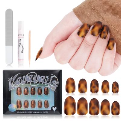 VAVAVAILS Leopard Press on Nails Short - Reusable Fake Nails with Brown Cheetah Nail Art | Easy Application, Long Lasting &amp; Salon-Quality Design, 12 Sizes - 24 Nail Kit with Glue &amp; Jelly Gel