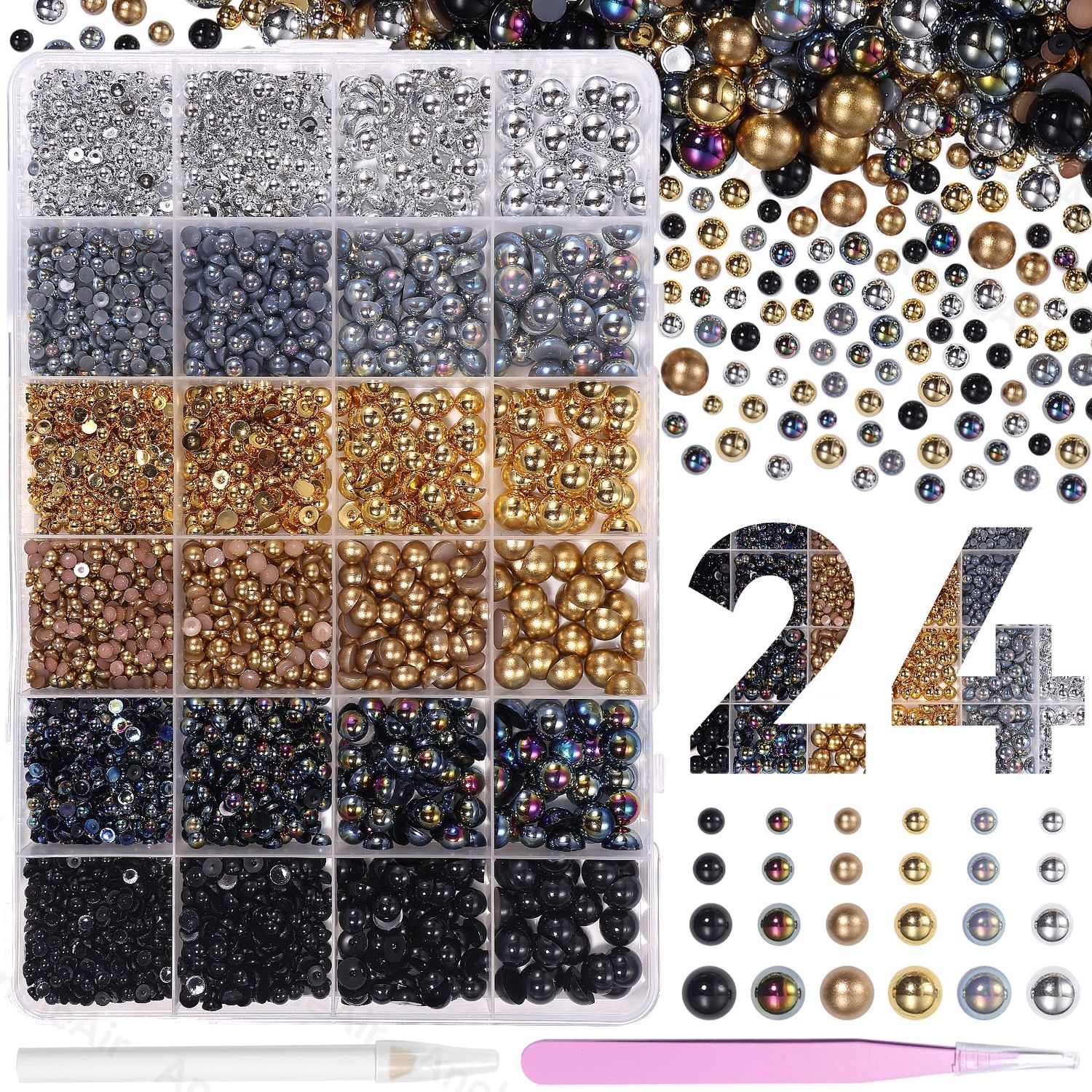 9000Pcs Gold Silver Black Nail Art Pearls, Half Pearls for Crafts, Pearl Gems Charms, 3-8mm ABS Flatback Gold Pearl for Nails Art DIY Crafts Shoes Clothes Bags DIY Making