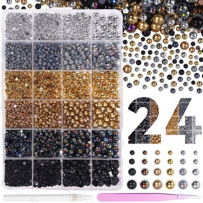 9000Pcs Gold Silver Black Nail Art Pearls, Half Pearls for Crafts, Pearl Gems Charms, 3-8mm ABS Flatback Gold Pearl for Nails Art DIY Crafts Shoes Clothes Bags DIY Making