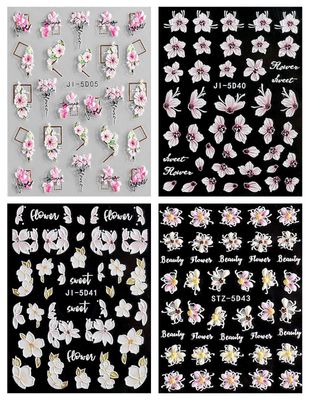 JMEOWIO 3D Embossed Spring Flower Nail Art Stickers Decals Self-Adhesive Pegatinas Uas 5D Colorful Summer Floral Nail Supplies Nail Art Design Decoration Accessories 4 Sheets