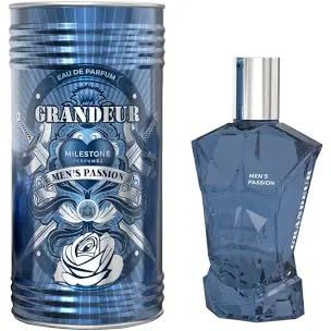 Grandeur Mens Passion Eau de Parfum, Blue Glass Bottle, Decorative Metal Case