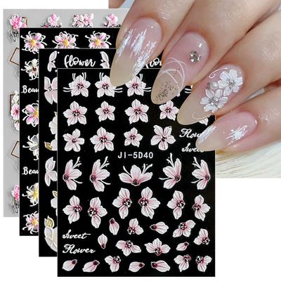 JMEOWIO 3D Embossed Spring Flower Nail Art Stickers Decals Self-Adhesive Pegatinas Uas 5D Colorful Summer Floral Nail Supplies Nail Art Design Decoration Accessories 4 Sheets