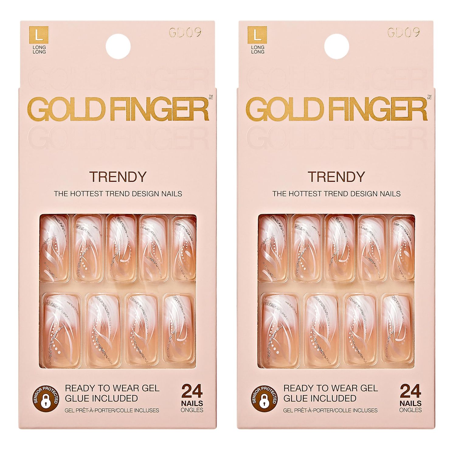 Gold Finger False Nails Gel Glam Design Full Cover Fake Nails, Long Length (2 PACK)