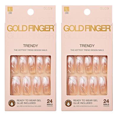 Gold Finger False Nails Gel Glam Design Full Cover Fake Nails, Long Length (2 PACK)