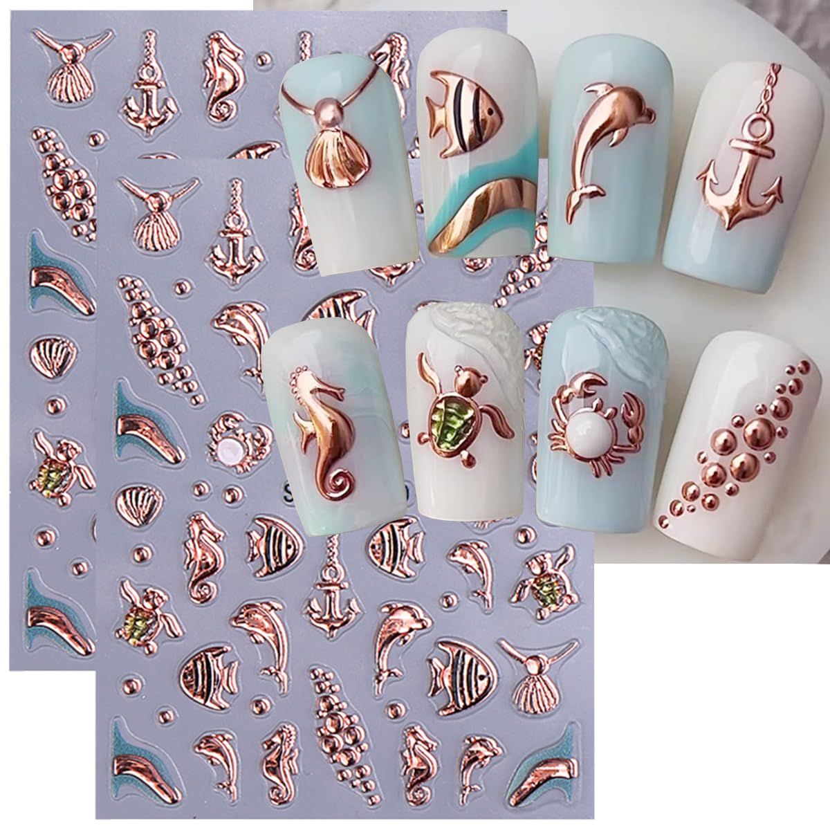 Ocean Style Nail Art Stickers 5D Embossed Marine Life Nail Decals 2PCS Golden Seashell Starfish Sea Creature Summer Nails Design Sticker Self-Adhesive Nail Art Supplies for Women Manicure Decorations