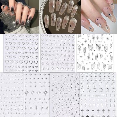 NOOEPC 7 Sheets Metallic Mirror Silver Nail Stickers Art Women 3D Star Nail Stickers Decals for Self-Adhesive CharmsY2k Butterfly Nail Art Stickers