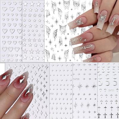 NOOEPC 7 Sheets Metallic Mirror Silver Nail Stickers Art Women 3D Star Nail Stickers Decals for Self-Adhesive CharmsY2k Butterfly Nail Art Stickers