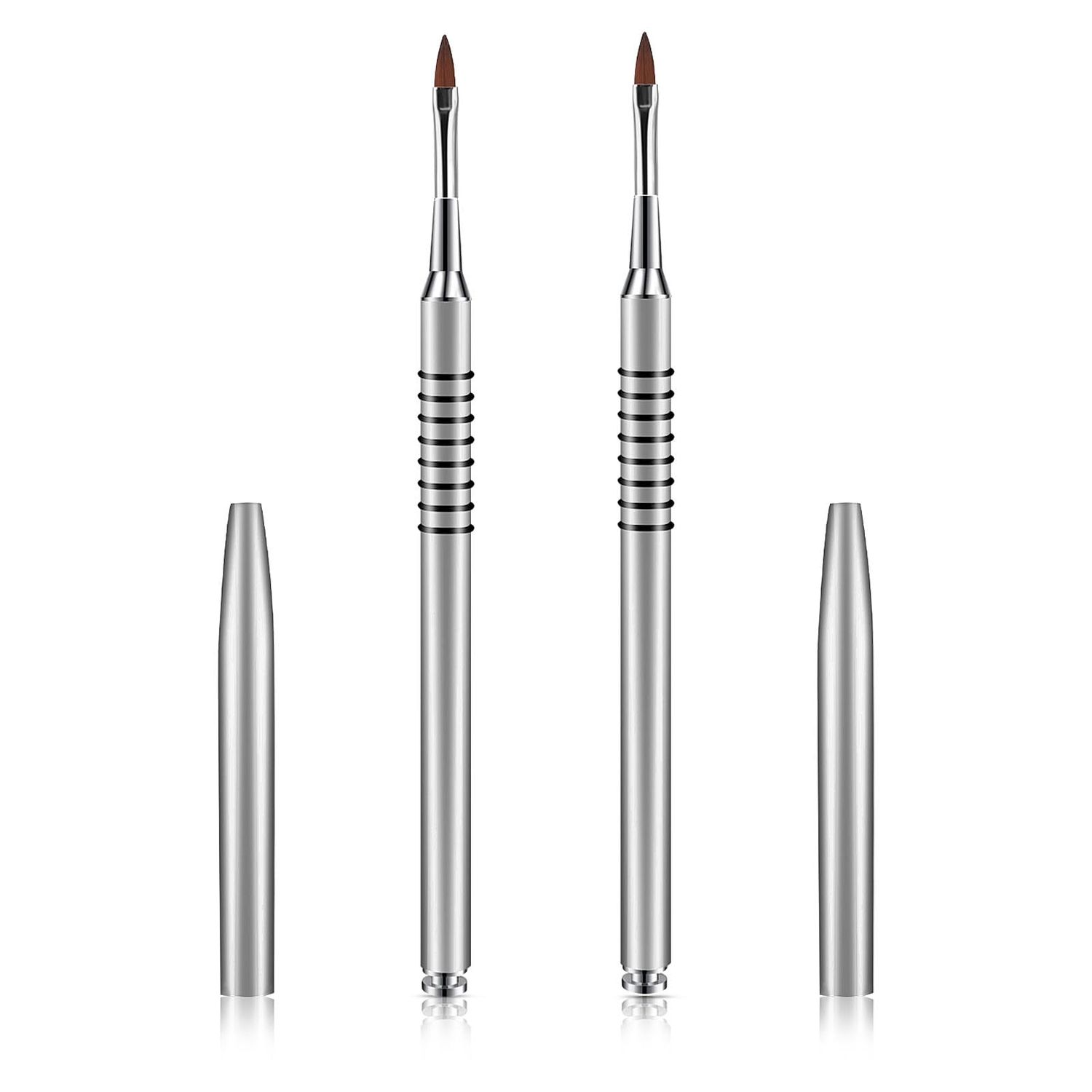 Hariendny 2 Pack 3D Nail Art Brush for Acrylic, Kolinsky Acrylic Nail Brushes Set, Nail Lining Brush Nail Salon Painting Brush Pen with Non-Slip Handle, Silver Metal Nail Art Pen (Size 2)