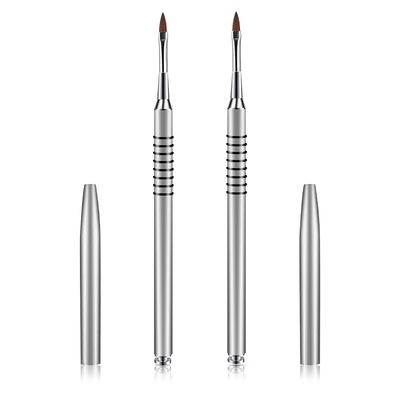 Hariendny 2 Pack 3D Nail Art Brush for Acrylic, Kolinsky Acrylic Nail Brushes Set, Nail Lining Brush Nail Salon Painting Brush Pen with Non-Slip Handle, Silver Metal Nail Art Pen (Size 2)