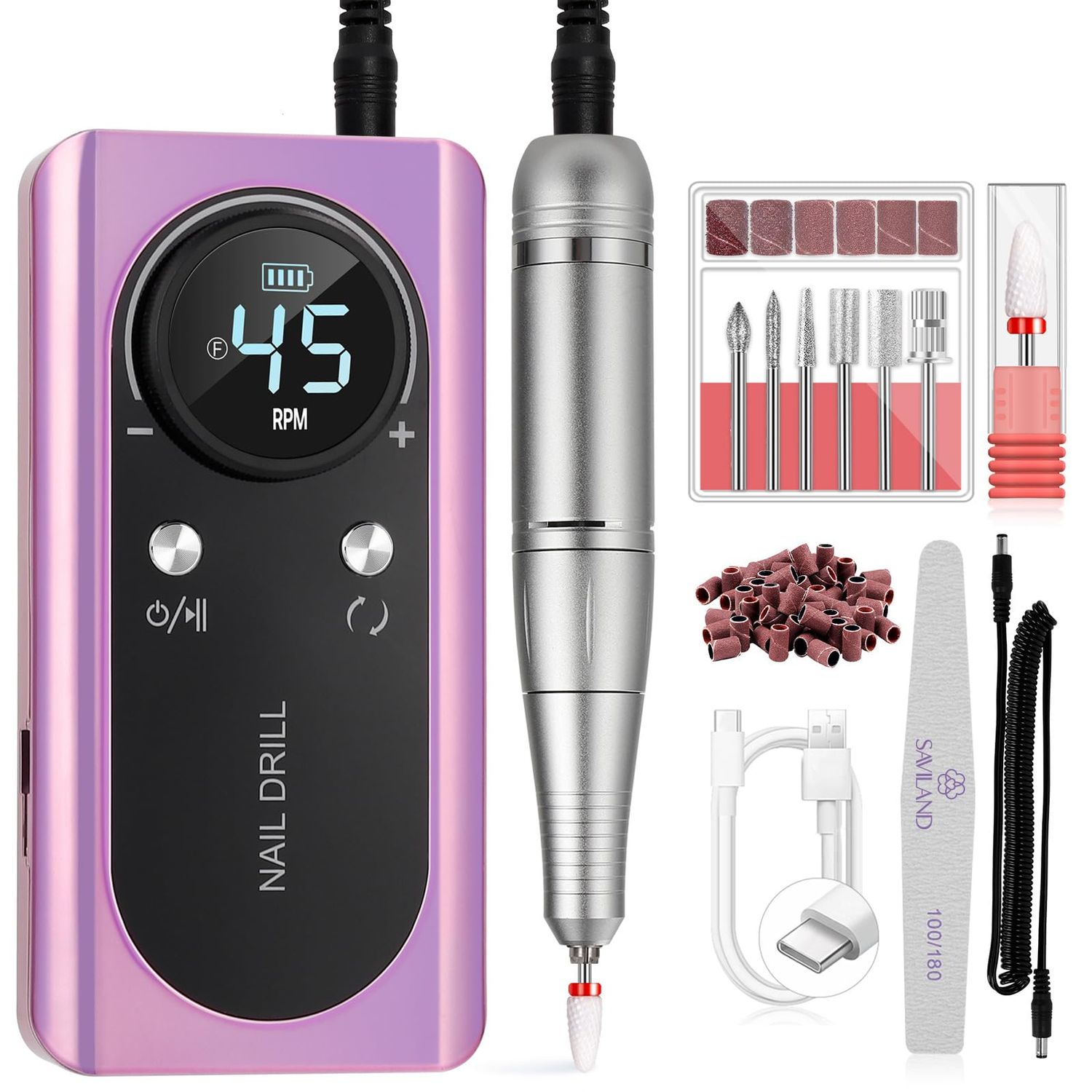 SAVILAND Electric Nail Drill Professional : 2024 Pro Portable Nail Drill for Hard Acrylic Nails Removing, Rechargeable 45000RPM Nail drill Machine for Manicure Pedicure Salon Nail Tech Must Have