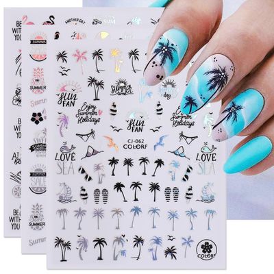 Summer Nail Art Stickers Decals Palm Tree Nail Stickers Fun Summer Stickers for Nails 6PCS Starfish Beach Tropical Coconut Tree Design Manicure Decals Sliders for Women DIY Nail Art Decorations