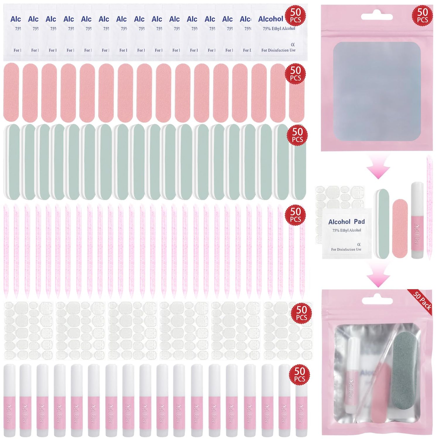 50PCS Press on Nail Tool Kit Nail Prep Kit with Nail Glue,Nail Adhesive Tabs, Mini Nail File, Nail Shine Buffer, Acrylic Sticks, Prep Pads, Packaging Bag for Press on Nail Business Nail Salon Home Use