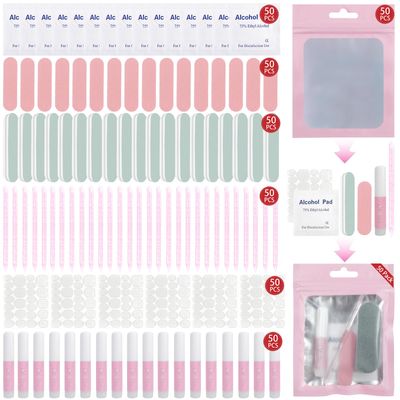 50PCS Press on Nail Tool Kit Nail Prep Kit with Nail Glue,Nail Adhesive Tabs, Mini Nail File, Nail Shine Buffer, Acrylic Sticks, Prep Pads, Packaging Bag for Press on Nail Business Nail Salon Home Use