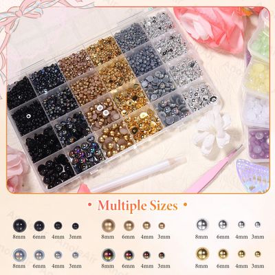 9000Pcs Gold Silver Black Nail Art Pearls, Half Pearls for Crafts, Pearl Gems Charms, 3-8mm ABS Flatback Gold Pearl for Nails Art DIY Crafts Shoes Clothes Bags DIY Making