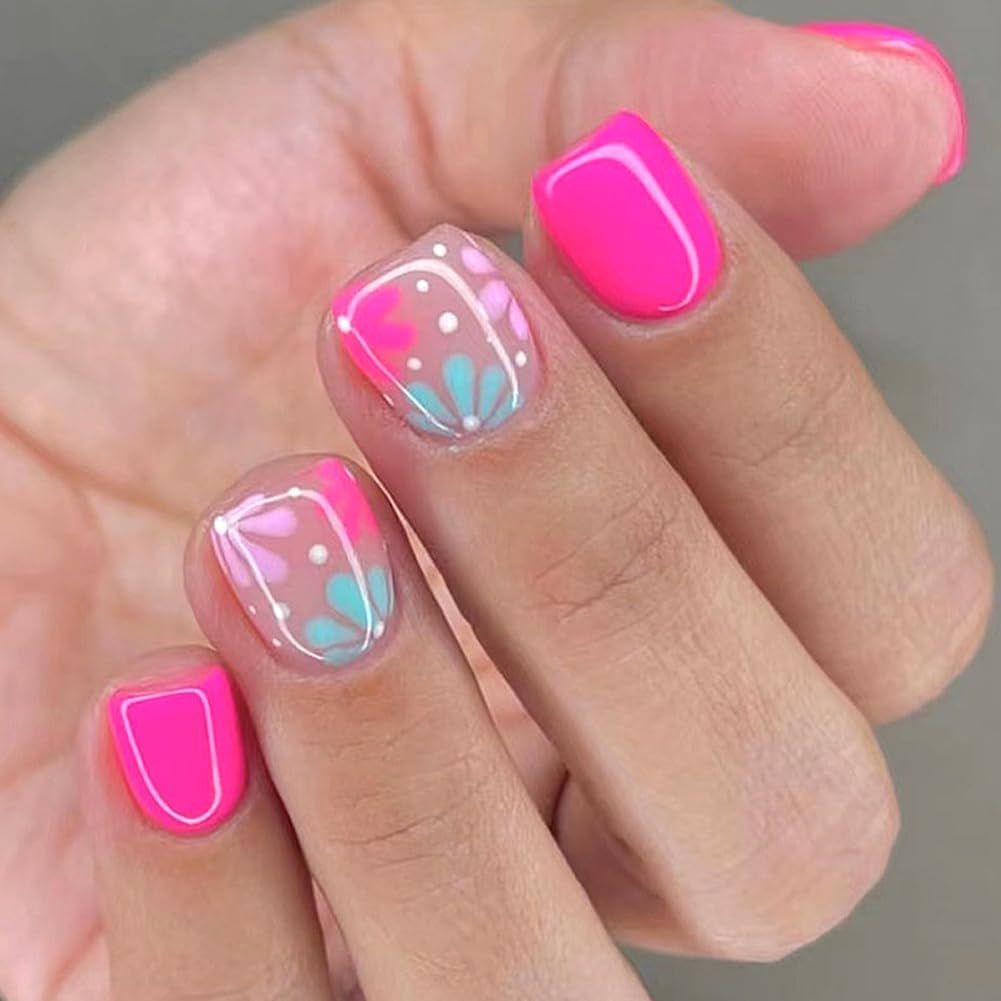 WAFOLOZE Press On Nails Short, Acrylic Nails Press on, Short Square Press on Nails Fake Nails Glossy Red False Nails with Blue Pink Flowers Press ons Design Artificial Stick on Nails for Women 24Pcs