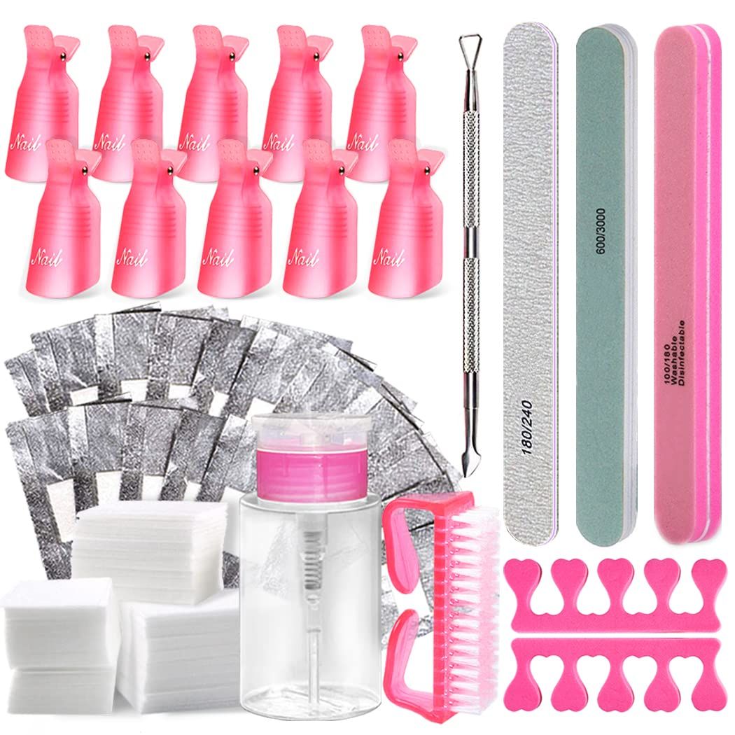 Gel Nail Polish Remover Tools Kit Acetone Acrylic Nails Tool Sets, With Nail Clips, Wipes, Cutter, Pump, Nail Buffer Shiner Files, Brush