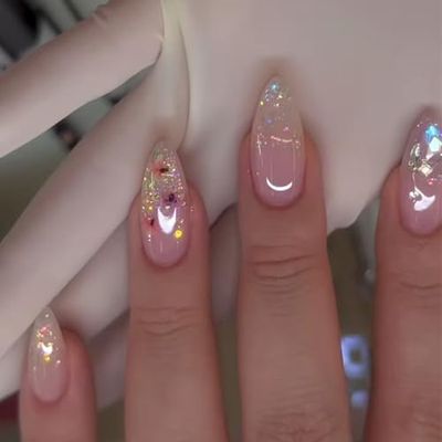 Floral Almond Press on Nails Medium Fake Nails with Peach Blossom Color Glitter Designs Pink Ombre False Nails Press ons Acrylic Nails Fall Glue on Nails Artificial Stick on Nails for Women 24Pcs