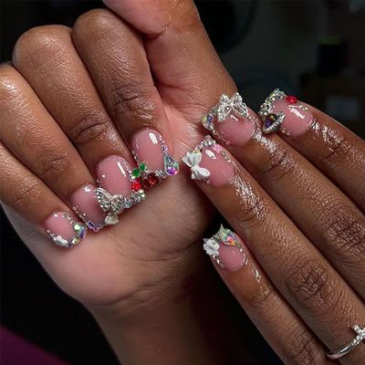 24 Pcs Pink Press on Nails Short Square - MINGCHUN Spring Bling Fake Nails Press ons Acrylic Nail Art Tip Kit with Butterfly Rhinestone Cherry Charms Full Cover False Nails Glue on Nails for Women