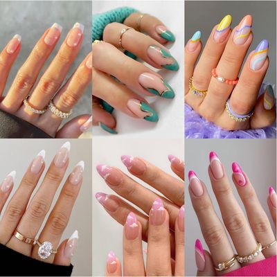 6 Packs (144 Pcs) Press on Nails Medium Design, Misssix Short Fake Nails Almond French Glue on Nails Set with Adhesive Tabs Nail File Acrylic False Nail Kits for Women