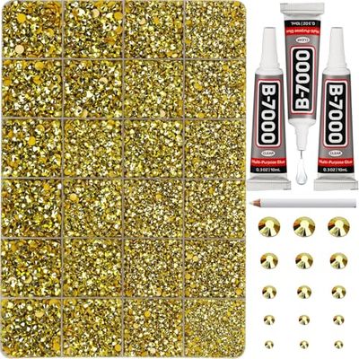 30000Pcs Resin Rhinestones Set for Crafting Bedazzling, Metallic Bright Gold Flatback Gems Jewels for Crafts Clothes Shoes Fabric Outfit Nails Makeup, Flat Back Crystal 2-6mm with b 7000 Glue
