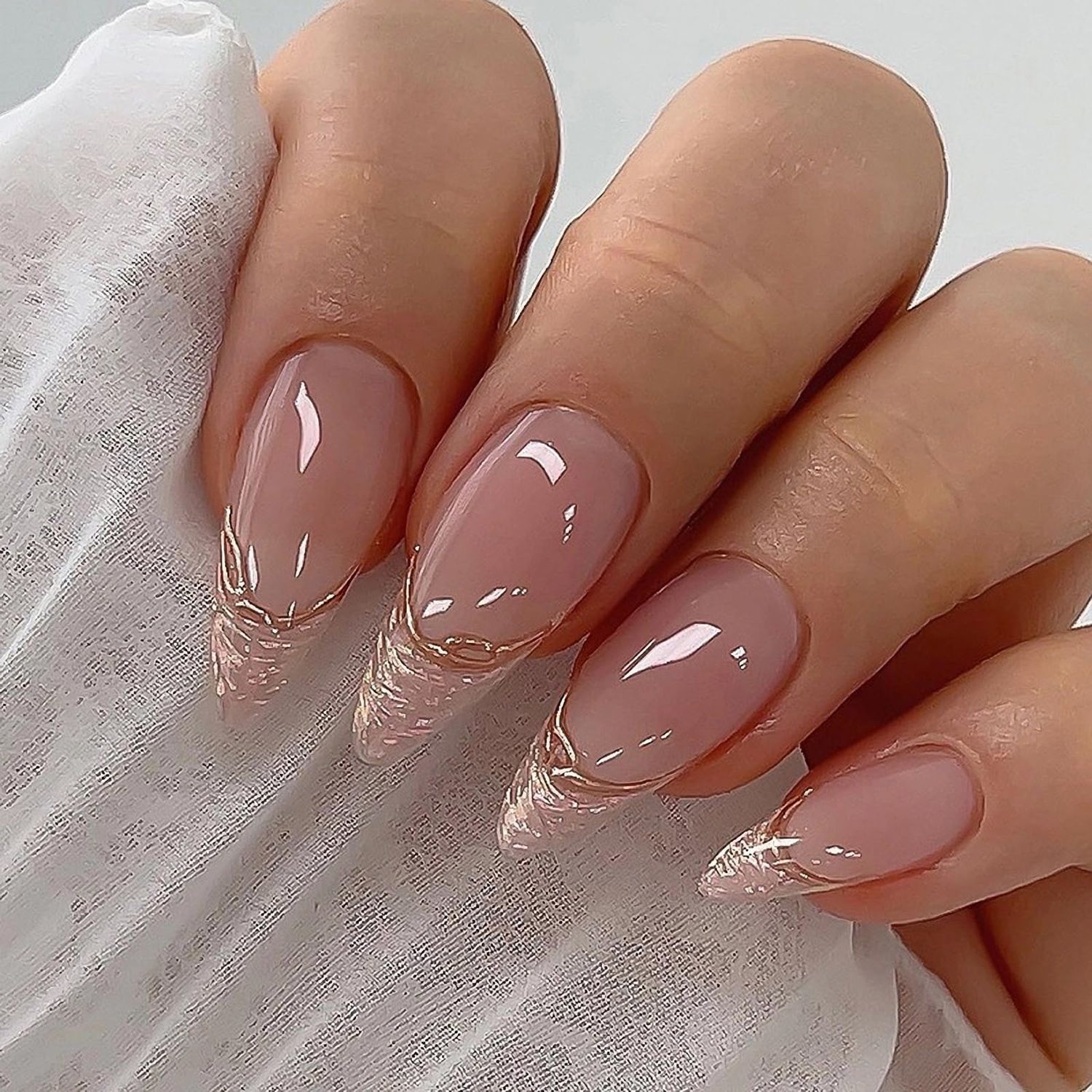MISUD Almond Press on Nails Medium Stiletto Fake Nails Glossy Glue on Nails Chrome Acrylic Nails Bling Artificial Nails Gold French Tip Stick on False Nails with Pearl Flash Design 24 pcs
