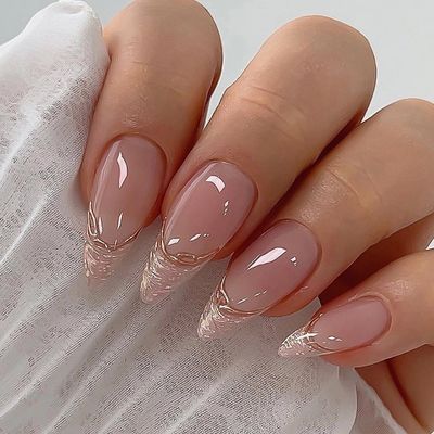 MISUD Almond Press on Nails Medium Stiletto Fake Nails Glossy Glue on Nails Chrome Acrylic Nails Bling Artificial Nails Gold French Tip Stick on False Nails with Pearl Flash Design 24 pcs
