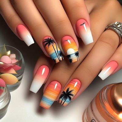 Summer Beach Press on Nails Medium Coffin Fake Nails Gradient Sunset False Nails Coconut Tree Bird Design Artificial Acrylic Nails Glossy Full Cover Stick on Nails for Coquette Women 24Pcs