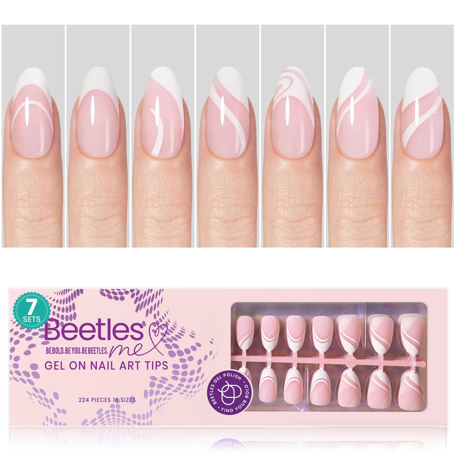 Beetles French Tip Press On Nails 224 Pcs Short Almond Pink Press On Nails 4 in 1 Gel Nail Tips Pre-Applied Primer and Base Coat, No File Need DIY Manicure Easy False Nail Tips for Nail Extension