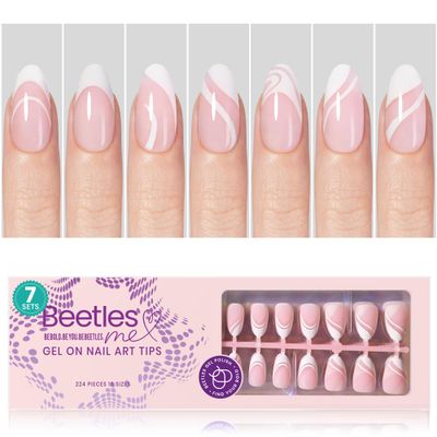 Beetles French Tip Press On Nails 224 Pcs Short Almond Pink Press On Nails 4 in 1 Gel Nail Tips Pre-Applied Primer and Base Coat, No File Need DIY Manicure Easy False Nail Tips for Nail Extension
