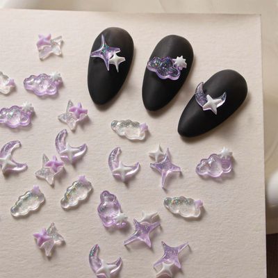 100Pcs Star Nail Charms Purple Nail Art Charms Moon Cloud Design Cute Moon Nail Rhinestone 3D Resin Nails Charms for Women Acrylic Manicure Art Supplies Decoration Accessories