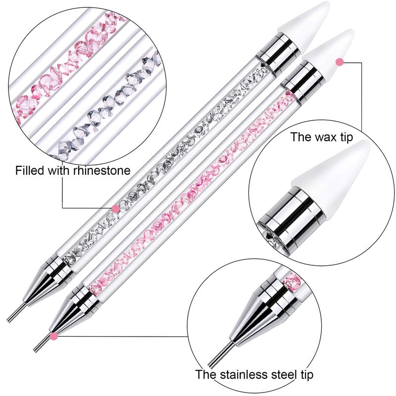 Tatuo 2 Pieces Rhinestone Picker Dotting Pen, Dual-ended Rhinestone Gems Crystals Studs Picker Wax Pencil Pen Crystal Beads Handle Manicure Nail Art DIY Decoration Tool (Pink, White)