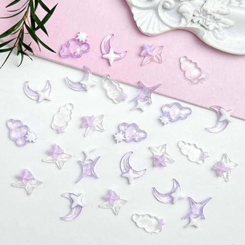 100Pcs Star Nail Charms Purple Nail Art Charms Moon Cloud Design Cute Moon Nail Rhinestone 3D Resin Nails Charms for Women Acrylic Manicure Art Supplies Decoration Accessories