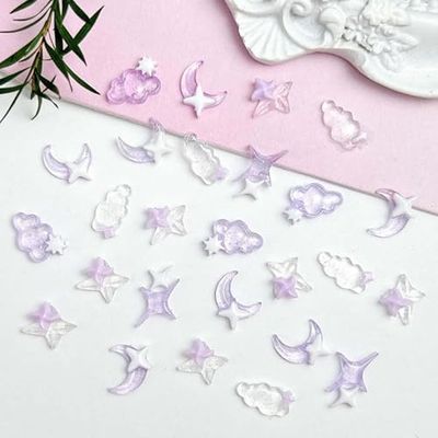 100Pcs Star Nail Charms Purple Nail Art Charms Moon Cloud Design Cute Moon Nail Rhinestone 3D Resin Nails Charms for Women Acrylic Manicure Art Supplies Decoration Accessories