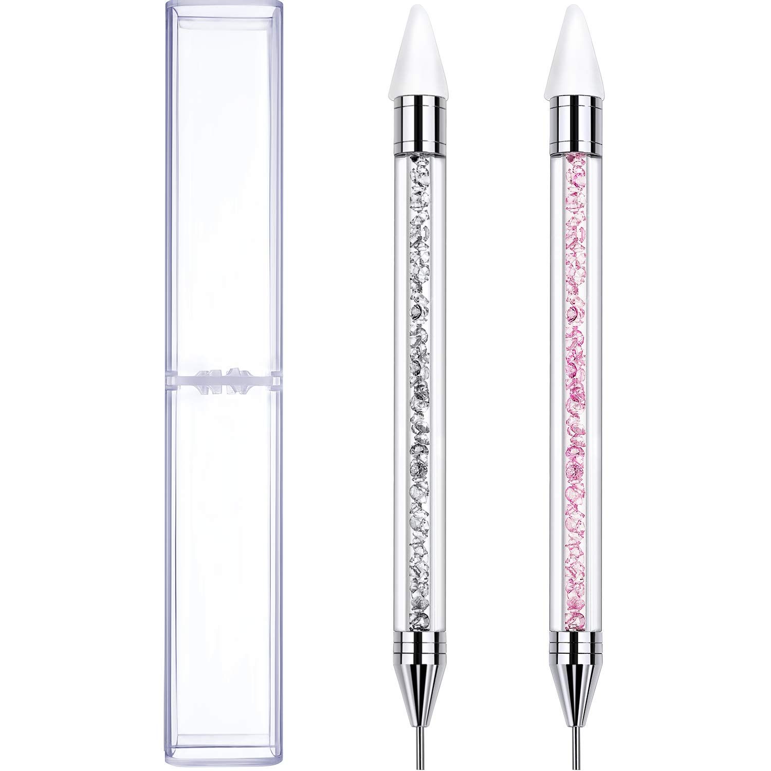 Tatuo 2 Pieces Rhinestone Picker Dotting Pen, Dual-ended Rhinestone Gems Crystals Studs Picker Wax Pencil Pen Crystal Beads Handle Manicure Nail Art DIY Decoration Tool (Pink, White)